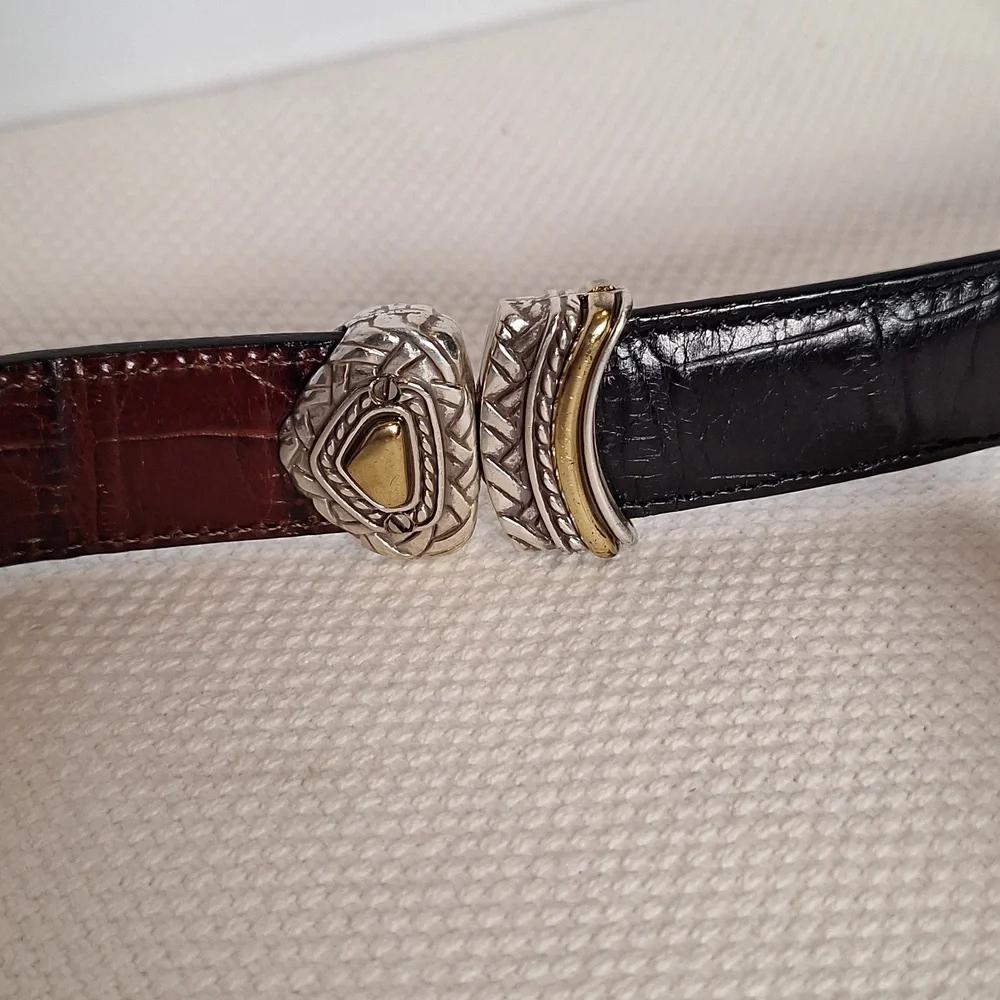 Elegant Black Leather Belt with Silver and Gold Buckle